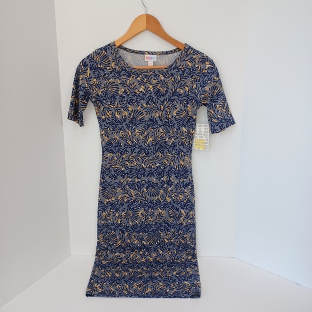 LULAROE Julia Blue Yellow/White Leaf Pattern Form Fitting Pencil‎ Dress XXS NWT